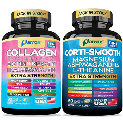 Parrox Shining Serenity Set – Cortisol Support & Collagen Duo with Ashwagandha, L-Theanine, Magnesium, and More