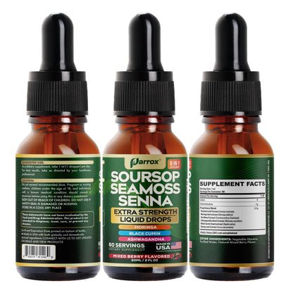 Parrox Soursop Seamoss Senna Liquid Drops – 6-in-1 Wellness, Mixed Berry, 60 Servings