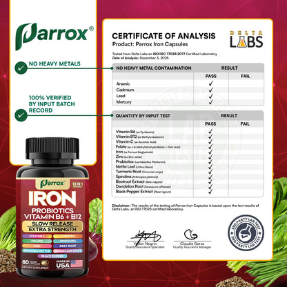 Parrox Elemental Iron 13-in-1 – Slow-Release Iron, Probiotics, B Vitamins, Beetroot & Turmeric (3-Pack, 60 Capsules)