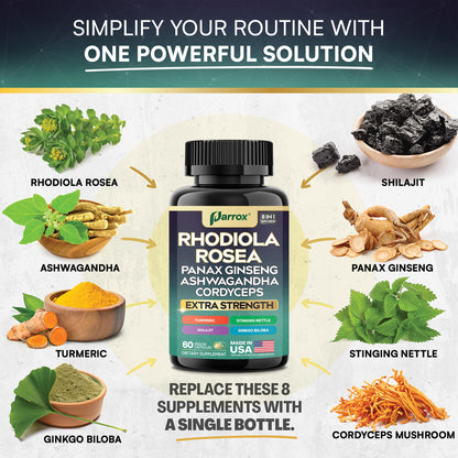 Parrox Rhodiola Rosea 8-in-1 Adaptogen Blend – 2 Pack | Panax Ginseng, Ashwagandha, Cordyceps, Turmeric