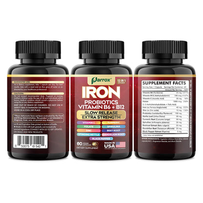 Parrox Elemental Iron 13-in-1 – Slow-Release Iron, Probiotics, B Vitamins, Beetroot & Turmeric (3-Pack, 60 Capsules)