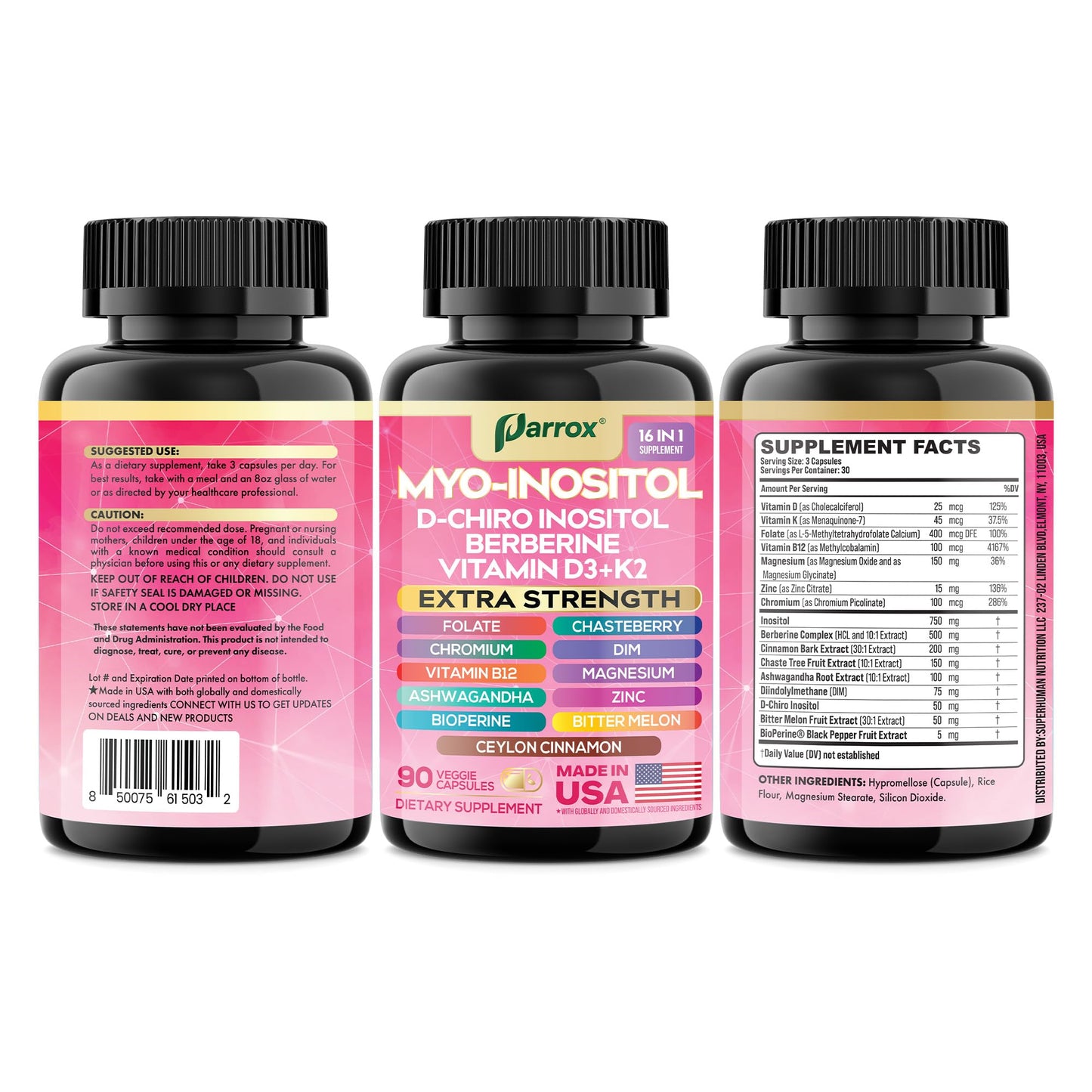 Parrox Myo-Inositol 16-in-1 Supplement – 2 Pack with D-Chiro Inositol, Berberine, D3 + K2