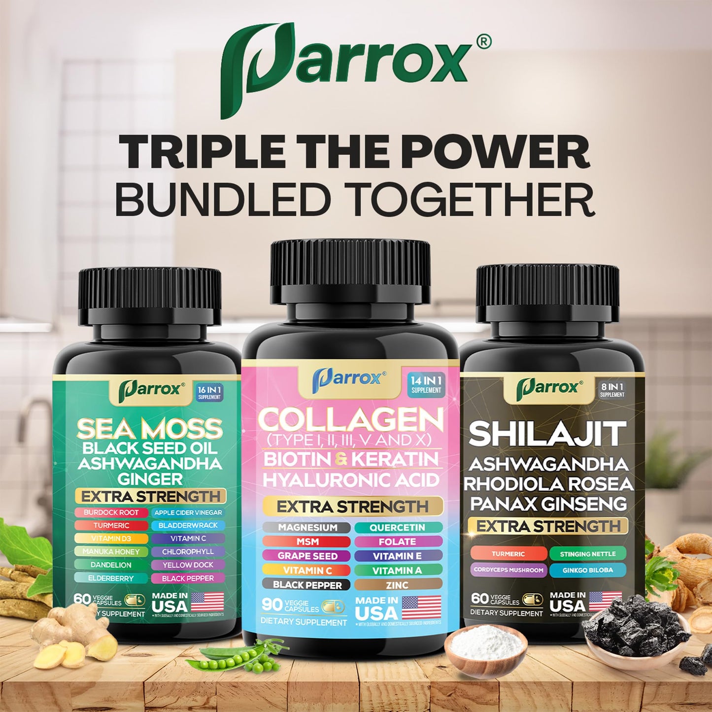 Parrox Ultimate Wellness Trio – Sea Moss, Black Seed Oil & Collagen | 3-in-1 Capsule Bundle