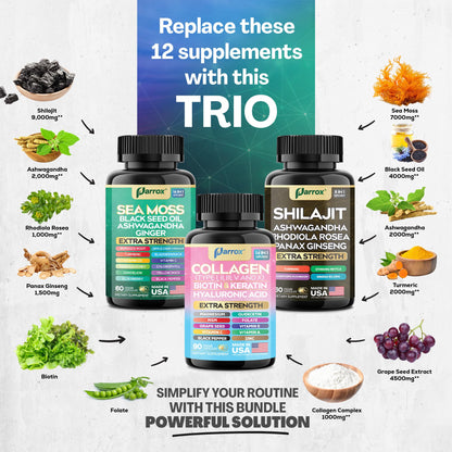 Parrox Ultimate Wellness Trio – Sea Moss, Black Seed Oil & Collagen | 3-in-1 Capsule Bundle