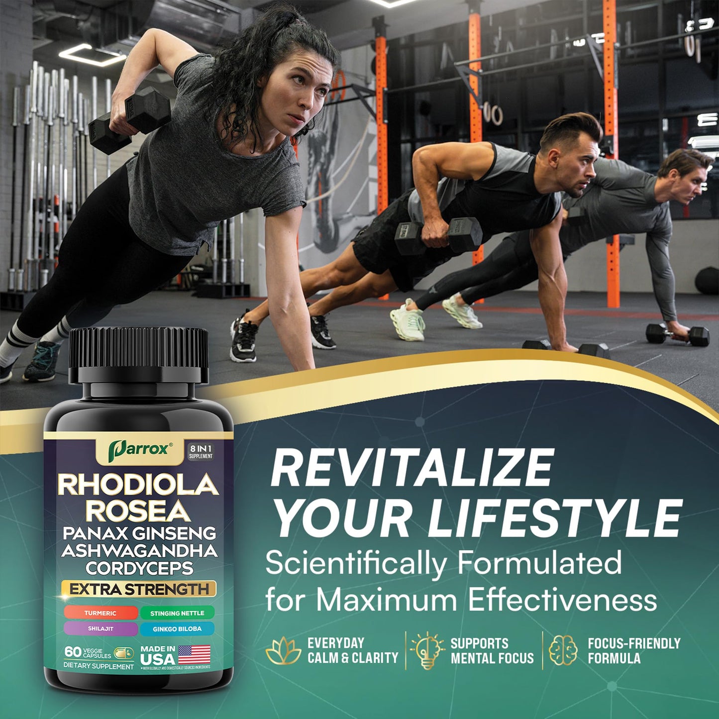 Parrox Rhodiola Rosea 8-in-1 Adaptogen Blend – 2 Pack | Panax Ginseng, Ashwagandha, Cordyceps, Turmeric