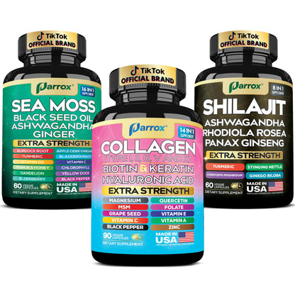 Parrox Ultimate Wellness Trio – Sea Moss, Black Seed Oil & Collagen | 3-in-1 Capsule Bundle