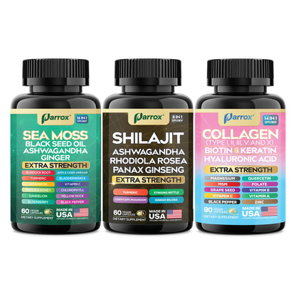Parrox Ultimate Wellness Trio – Sea Moss, Black Seed Oil & Collagen | 3-in-1 Capsule Bundle