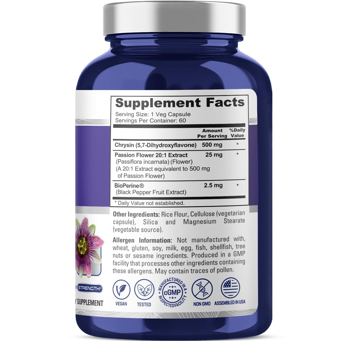 NusaPure Chrysin 500mg – 60 Veggie Capsules | Passion Flower Complex | Non-GMO + Bioperine | Pack of 2