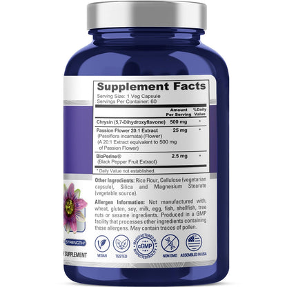 NusaPure Chrysin 500mg – 60 Veggie Capsules | Passion Flower Complex | Non-GMO + Bioperine | Pack of 2