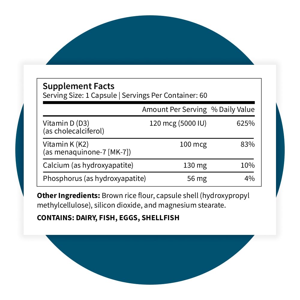 Pattern Wellness Vitamin K2 and D3 with Calcium - Bone Health, Circulatory & Immune Support - Non-GMO - 60 Capsules