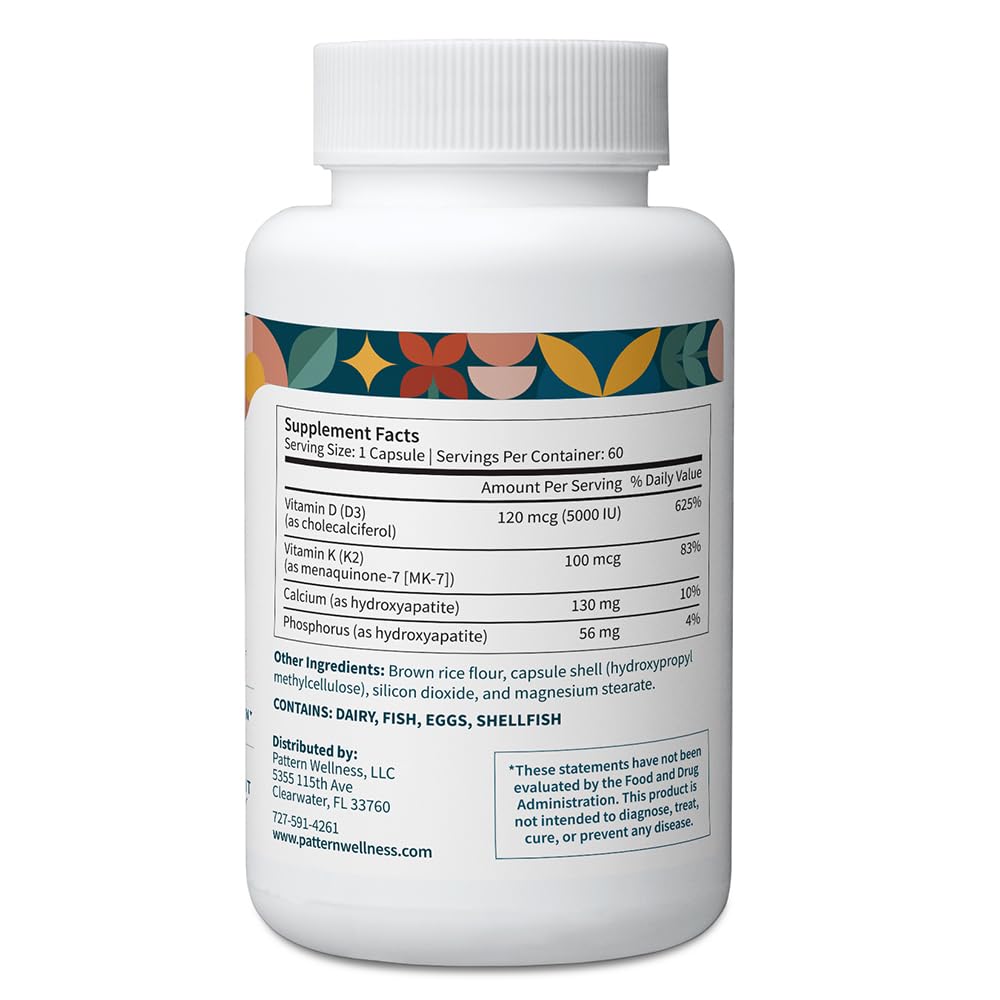 Pattern Wellness Vitamin K2 and D3 with Calcium - Bone Health, Circulatory & Immune Support - Non-GMO - 60 Capsules