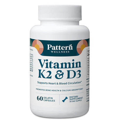 Pattern Wellness Vitamin K2 and D3 with Calcium - Bone Health, Circulatory & Immune Support - Non-GMO - 60 Capsules