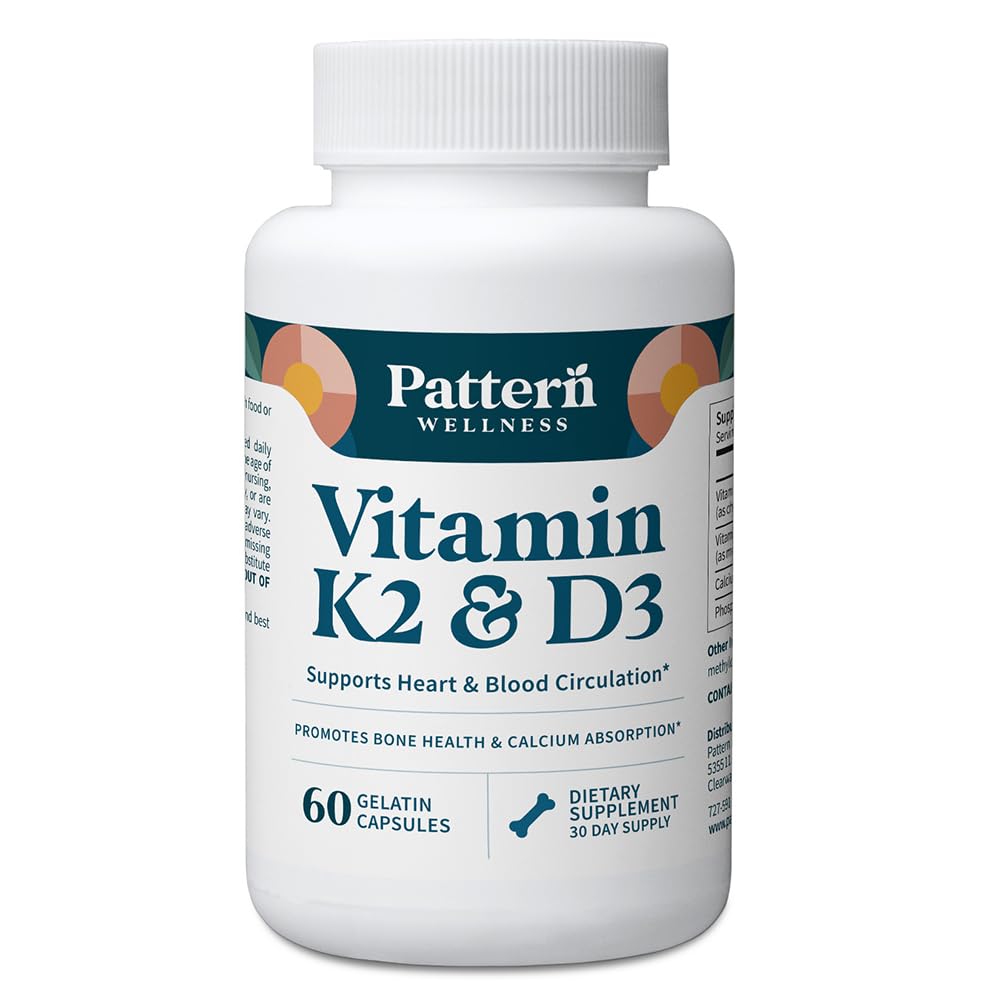 Pattern Wellness Vitamin K2 and D3 with Calcium - Bone Health, Circulatory & Immune Support - Non-GMO - 60 Capsules