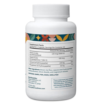 Pattern Wellness Vitamin K2 and D3 with Calcium - Bone Health, Circulatory & Immune Support - Non-GMO - 60 Capsules