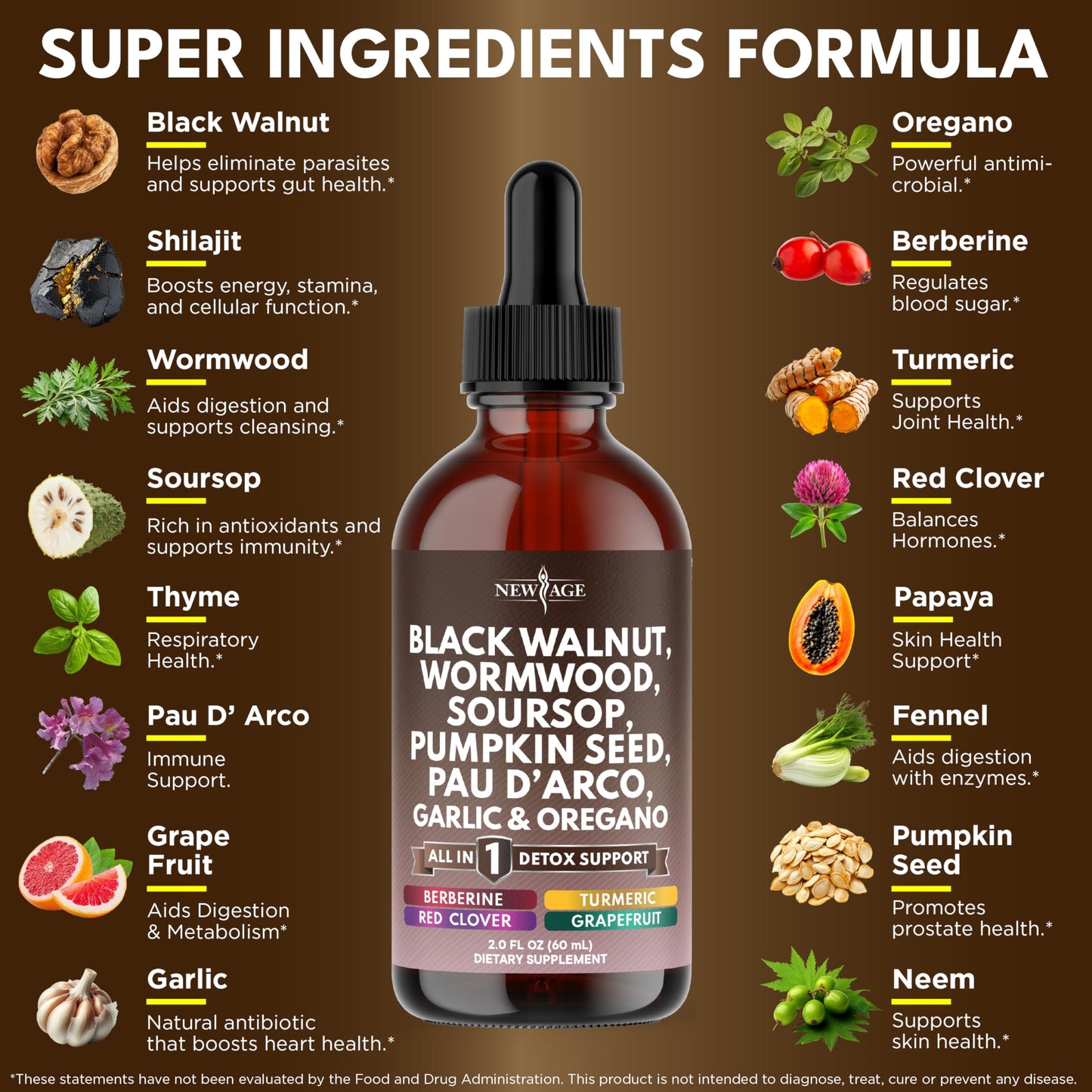 NEW AGE Black Walnut Wormwood Cleanse Drops – Herbal Liquid Tincture, 8oz