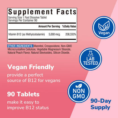 Vitamin B12 Sublingual 5000 mcg – Vegan Methylcobalamin, Peach Flavor