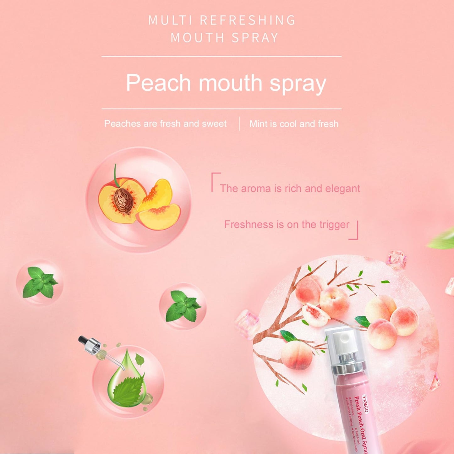 Peach Mint Fresh Breath Oral Spray - Alcohol-Free 0.5 fl oz, 2-Pack | Portable 5000-Mesh Micro-Mist for Kids & Adults