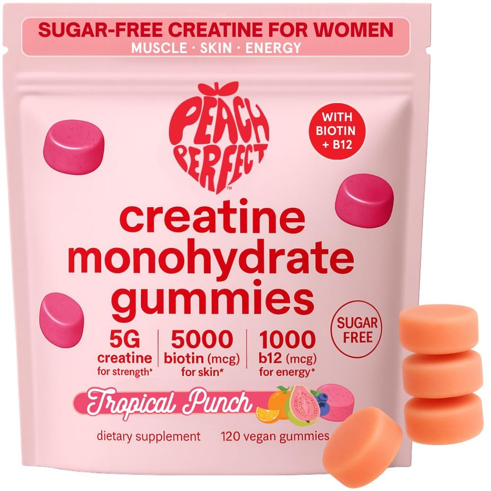Peach Perfect Creatine Monohydrate Gummies for Women | 5g Creatine, Biotin 5000mcg & Vitamin B12 1000mcg | Vegan, Gluten-Free, Non-GMO | Tropical Punch, 30 Servings