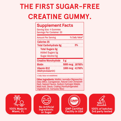 Peach Perfect Creatine Monohydrate Gummies for Women | 5g Creatine, Biotin 5000mcg & Vitamin B12 1000mcg | Vegan, Gluten-Free, Non-GMO | Tropical Punch, 30 Servings