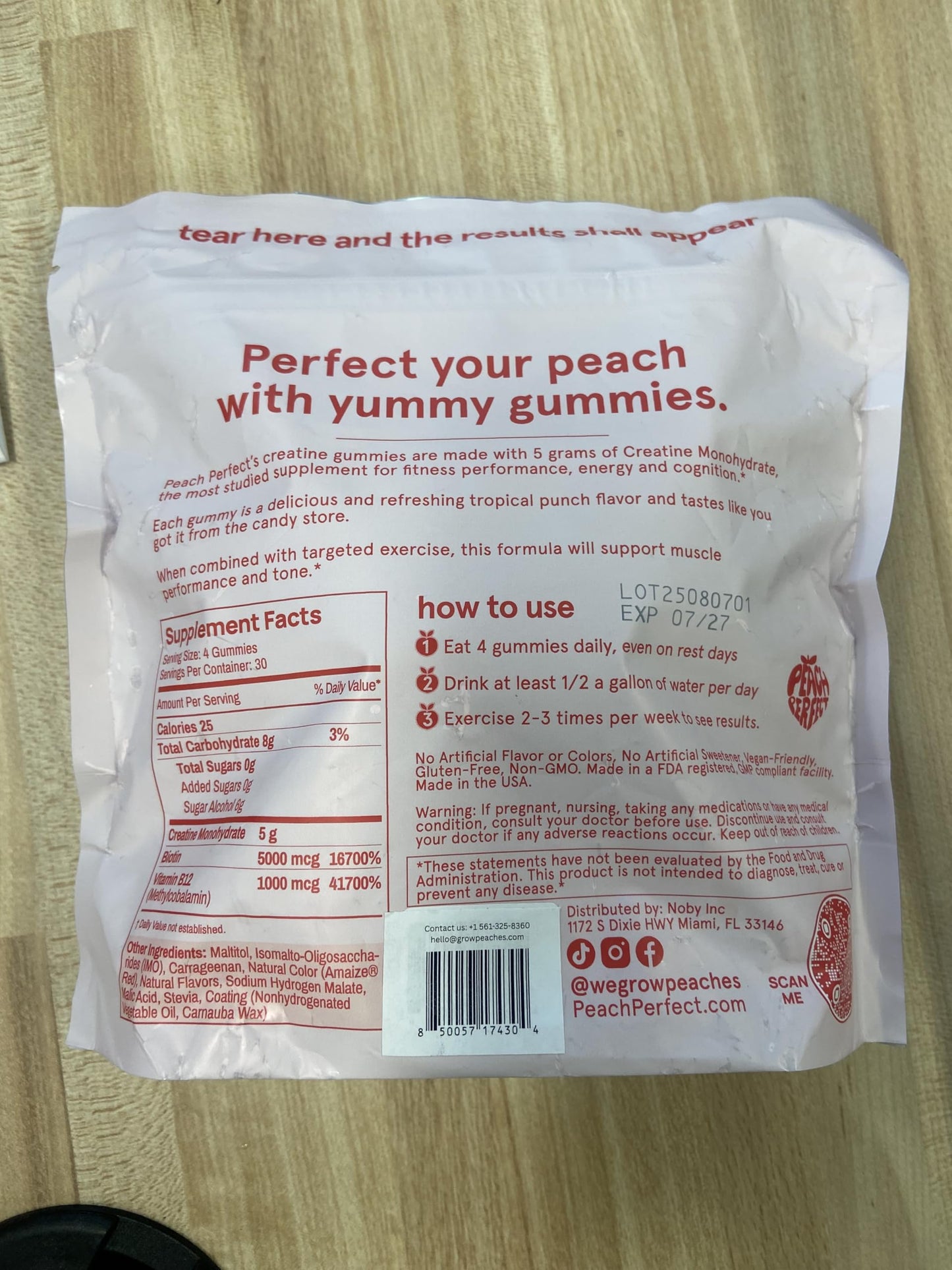 Peach Perfect Creatine Monohydrate Gummies for Women | 5g Creatine, Biotin 5000mcg & Vitamin B12 1000mcg | Vegan, Gluten-Free, Non-GMO | Tropical Punch, 30 Servings