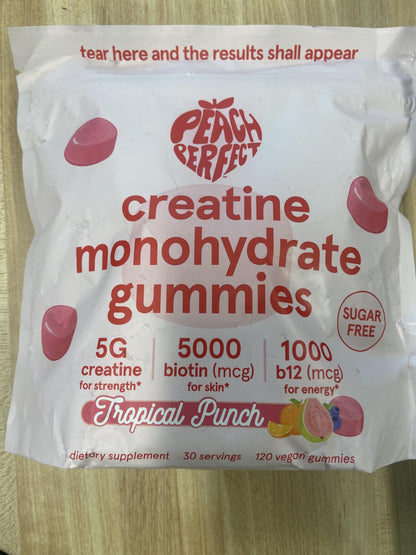 Peach Perfect Creatine Monohydrate Gummies for Women | 5g Creatine, Biotin 5000mcg & Vitamin B12 1000mcg | Vegan, Gluten-Free, Non-GMO | Tropical Punch, 30 Servings