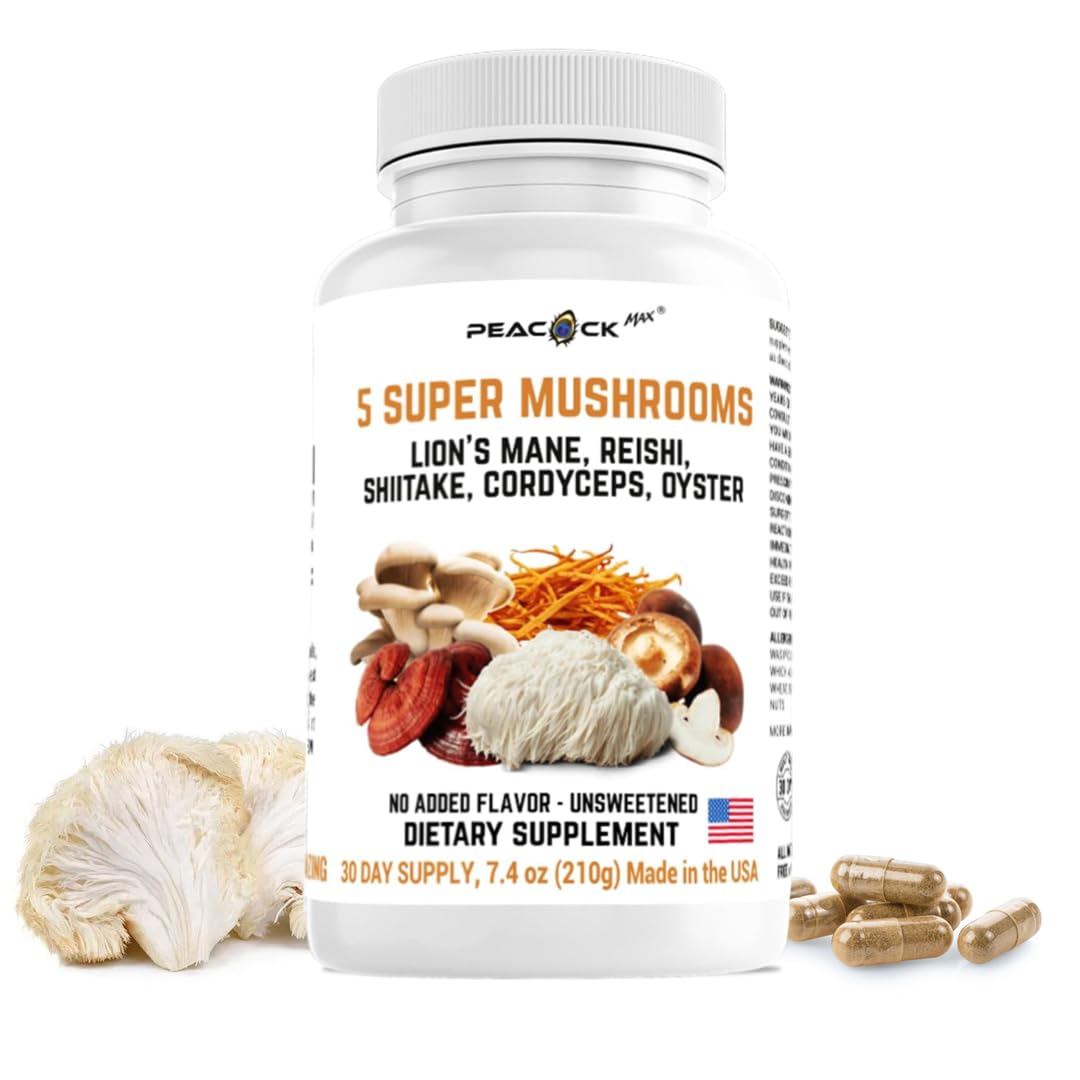 Peacock Max 5 Mushrooms - 180 Count | Lion's Mane, Reishi, Shiitake, Cordyceps & Oyster