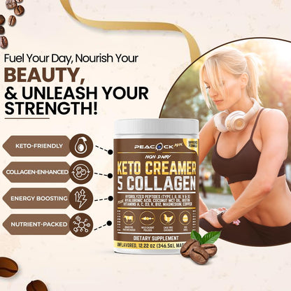 Peacock Max Collagen Keto Creamer Powder – Unflavored, Coconut MCT, B12 & Magnesium (2x24.44 oz)