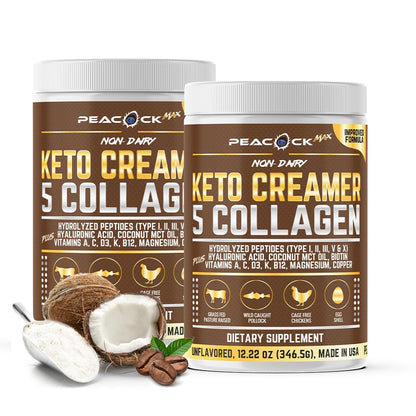 Peacock Max Collagen Keto Creamer Powder – Unflavored, Coconut MCT, B12 & Magnesium (2x24.44 oz)