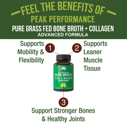 Peak Performance Bone Broth Collagen Capsules — Grass-Fed, All 3 Types (I, II, III) | 180 Pasture-Raised, Paleo-Friendly
