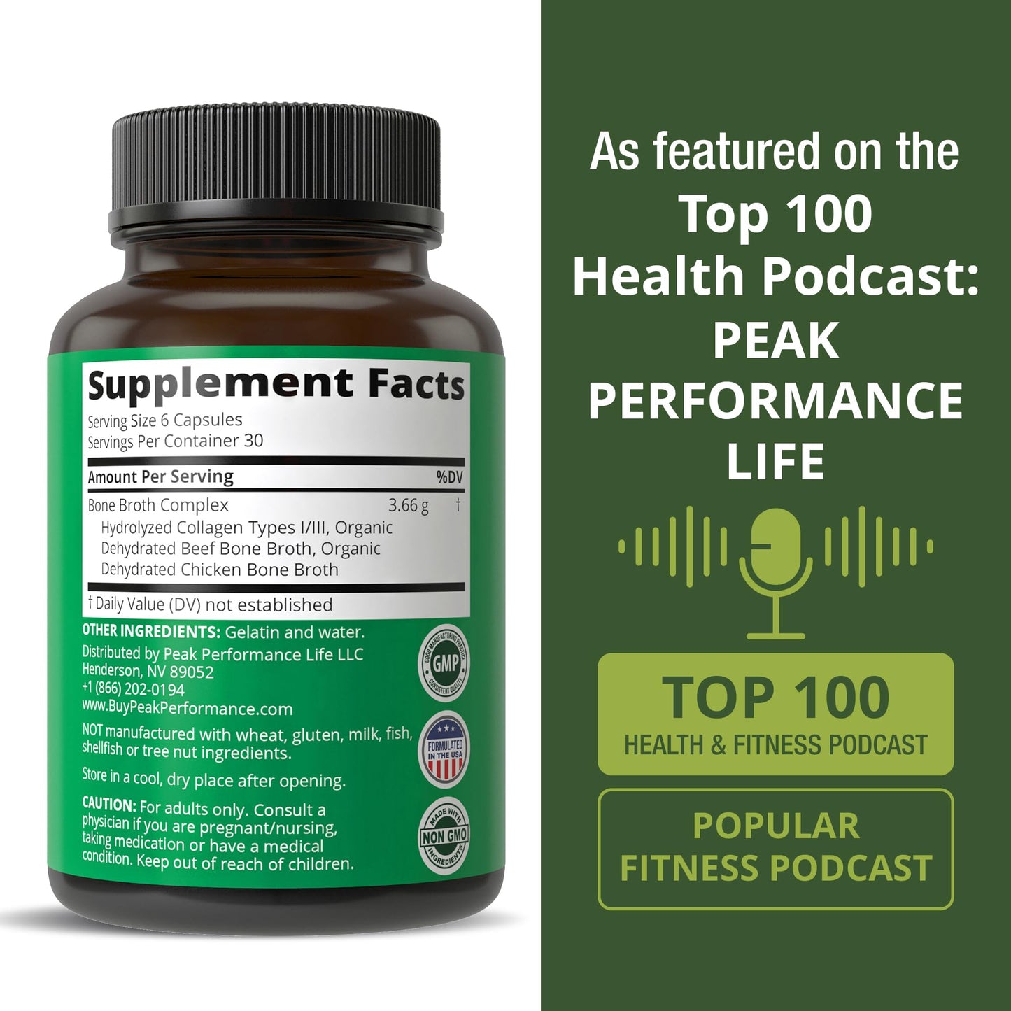 Peak Performance Bone Broth Collagen Capsules — Grass-Fed, All 3 Types (I, II, III) | 180 Pasture-Raised, Paleo-Friendly