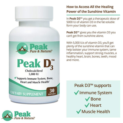 Peak D3 5000 IU Vitamin D3 – Immune Support, Heart Health & Energy | 30 Capsules