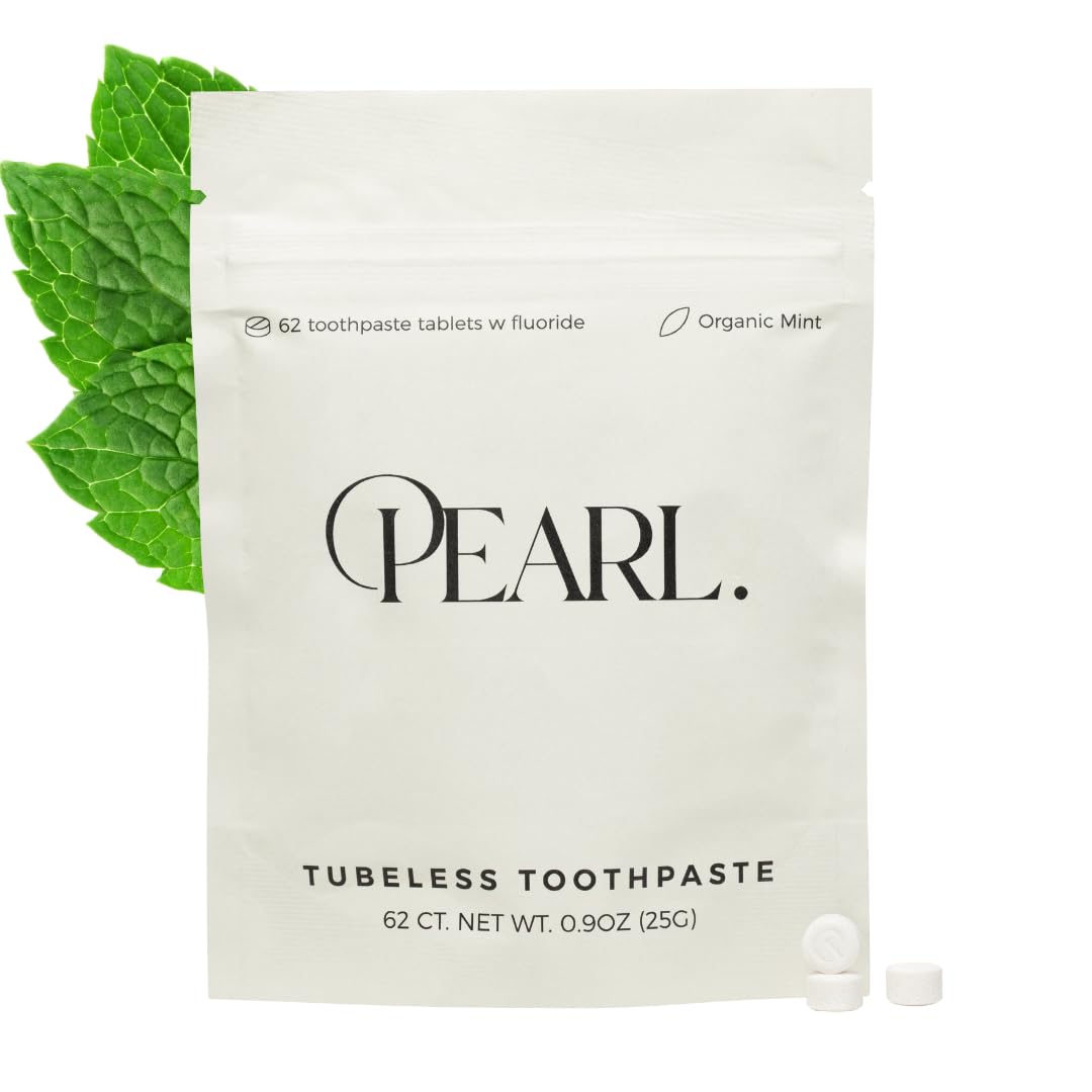 Pearl Fluoride Mint Toothpaste Tablets | Dentist Developed | Natural Whitening | Sensitivity Relief | TSA Approved | Plastic-Free | Reusable Packaging (62 Tablets)