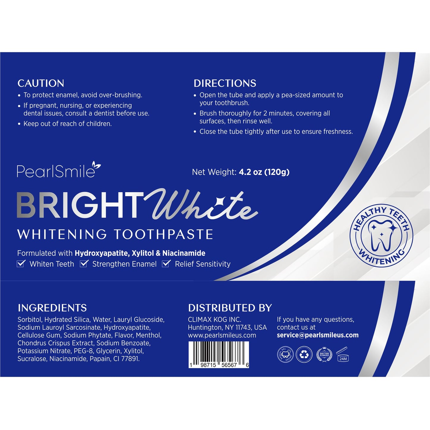 PearlSmile Nano-Hydroxyapatite Niacinamide Whitening Toothpaste – Fluoride-Free, 4.2oz Pack of 3