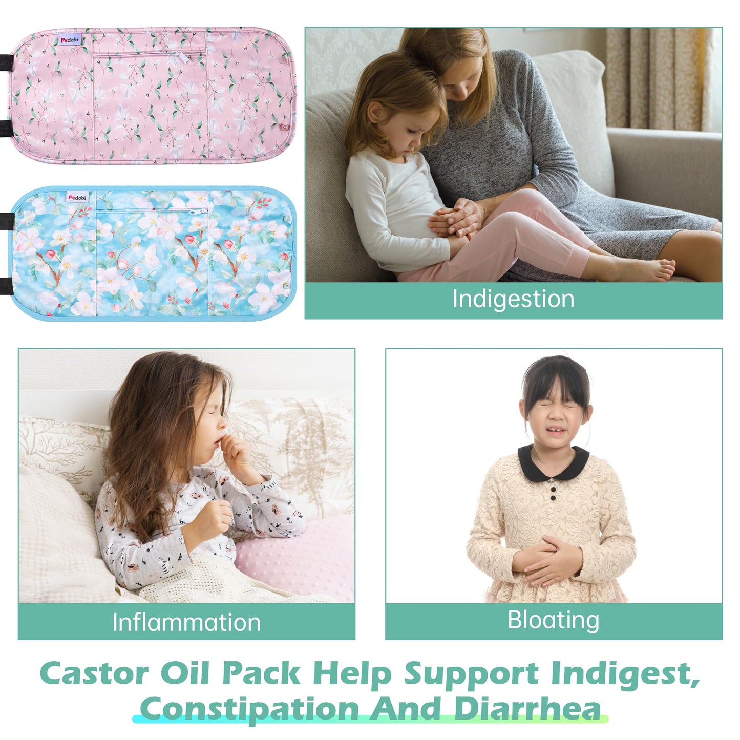 Pedobi 2 Pack Castor Oil Pack Wrap for Kids | Reusable Organic Cotton Pads – Flowers