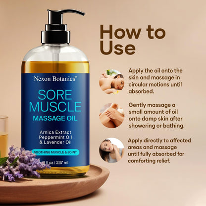 Sore Muscle Massage Oil – 8 oz with Arnica, Peppermint & Lavender | Nexon Botanics