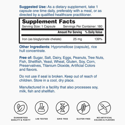 Nature's Lab Perfect Iron 25mg - Gentle, Non-Constipating Iron Supplement | 180 Capsules (6-Month Supply)