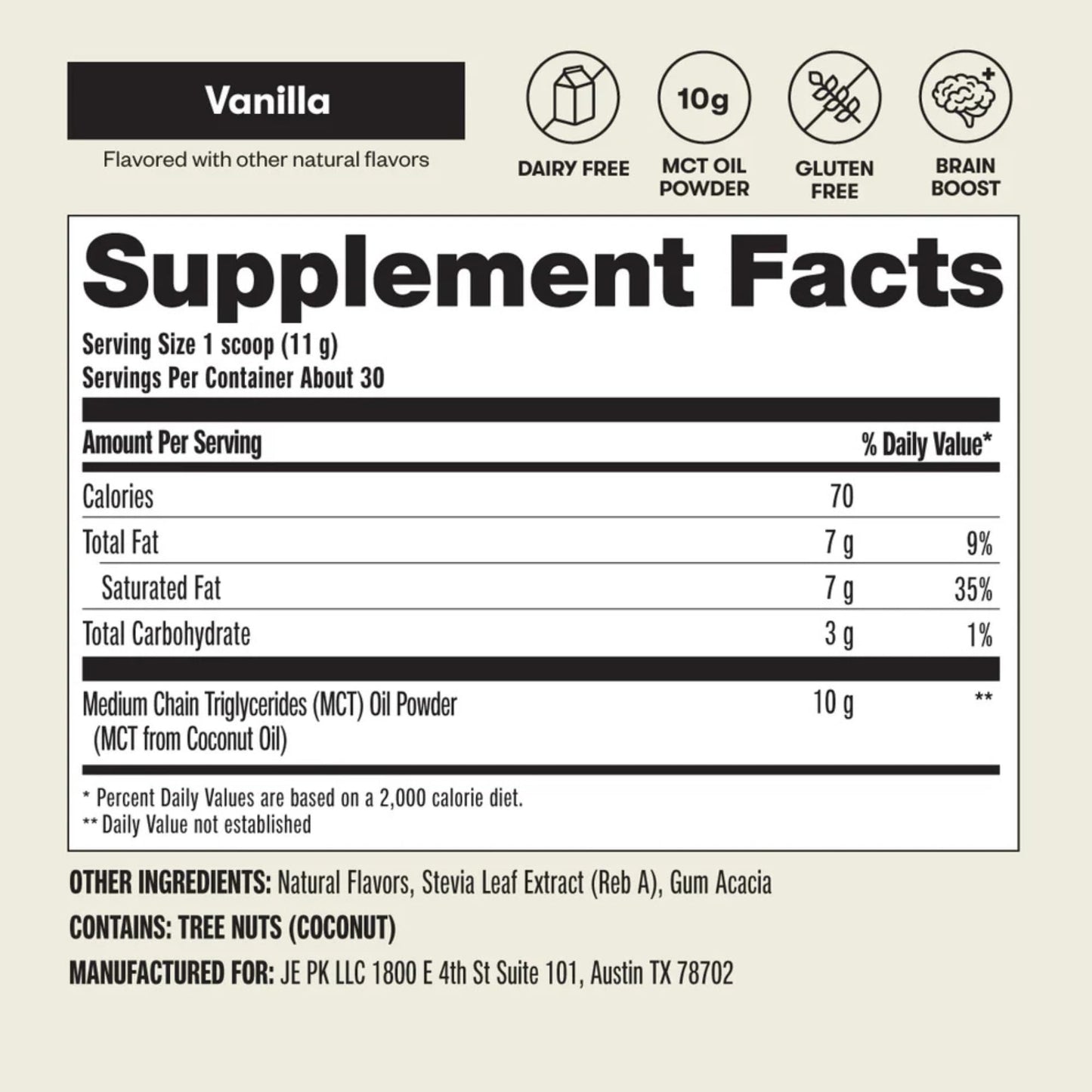 Perfect Keto 7g MCT Oil Powder Vanilla – Non-Dairy Keto Coffee Creamer, 30 Servings