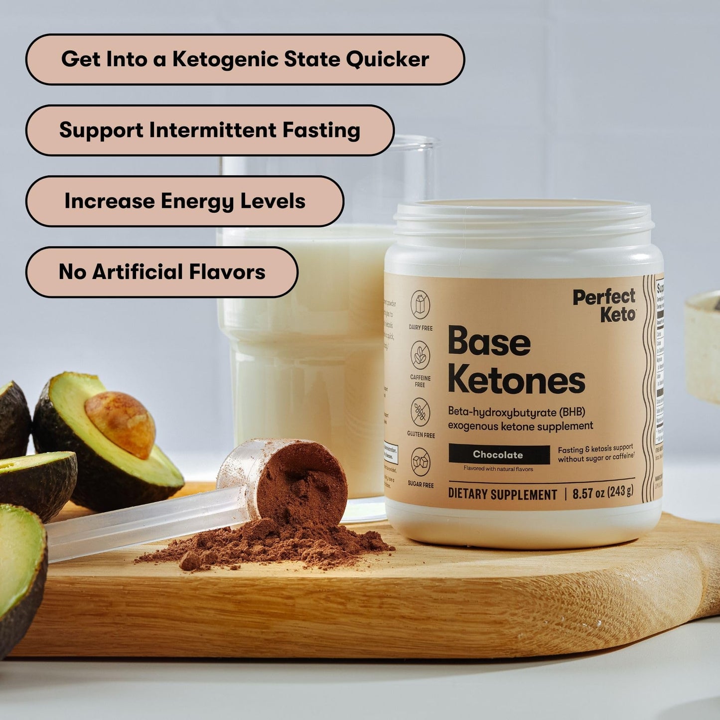 Perfect Keto Exogenous Ketones Powder – BHB Salts for Ketosis, Fasting & Hydration (Chocolate, 8.57 oz)