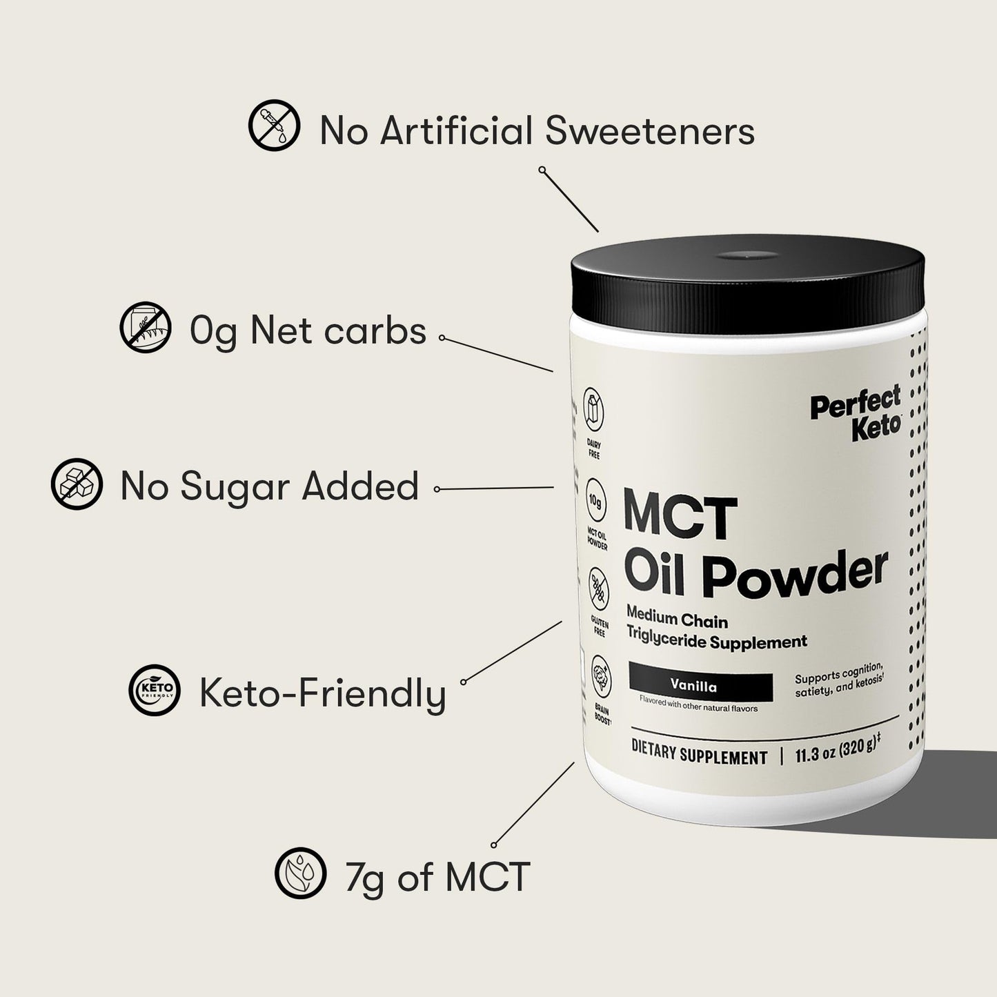 Perfect Keto 7g MCT Oil Powder Vanilla – Non-Dairy Keto Coffee Creamer, 30 Servings