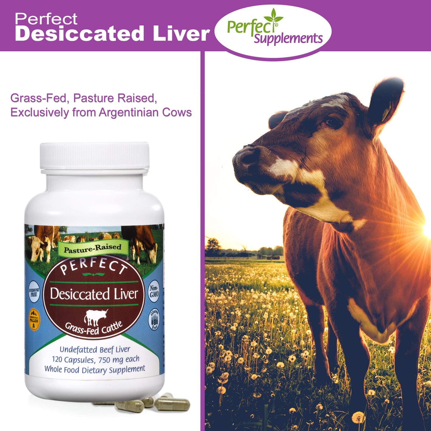 Perfect Supplements Desiccated Liver – 120 Capsules – Undefatted Beef Liver – Grass-Fed Argentinean Cattle – 2 Pack
