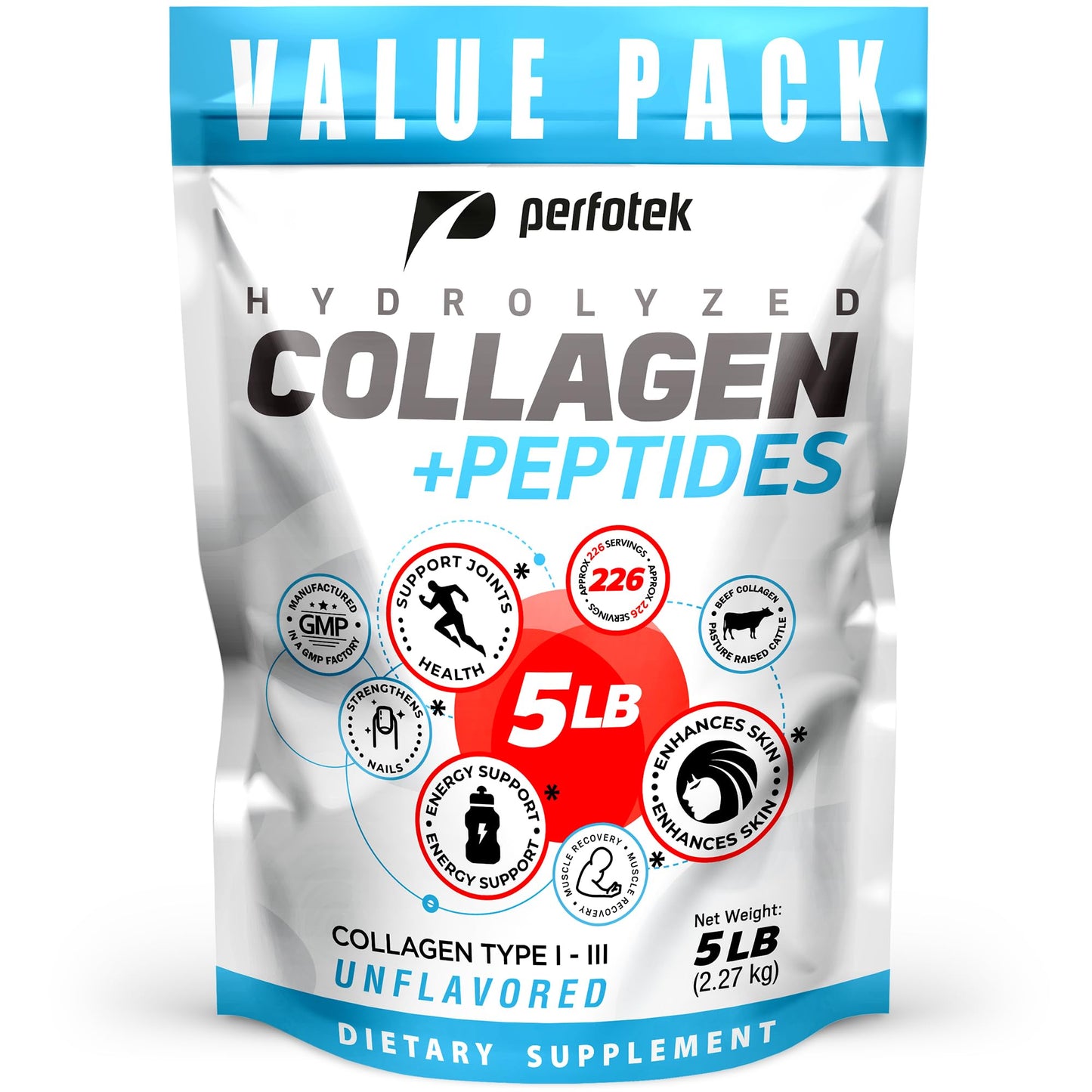 Perfotek Collagen Powder Type I & III, 5Lb - Unflavored, Grass-Fed, Easy to Mix