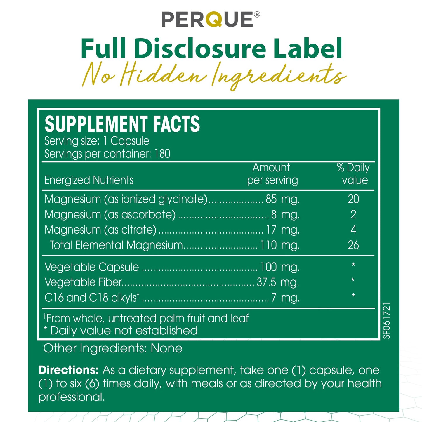 PERQUE Mg Plus Guard — High-Absorption Magnesium Glycinate, 180 Veg Capsules