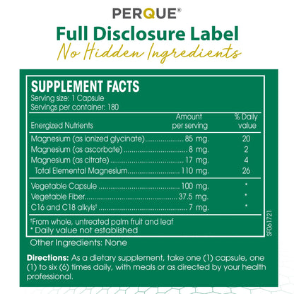 PERQUE Mg Plus Guard — High-Absorption Magnesium Glycinate, 180 Veg Capsules