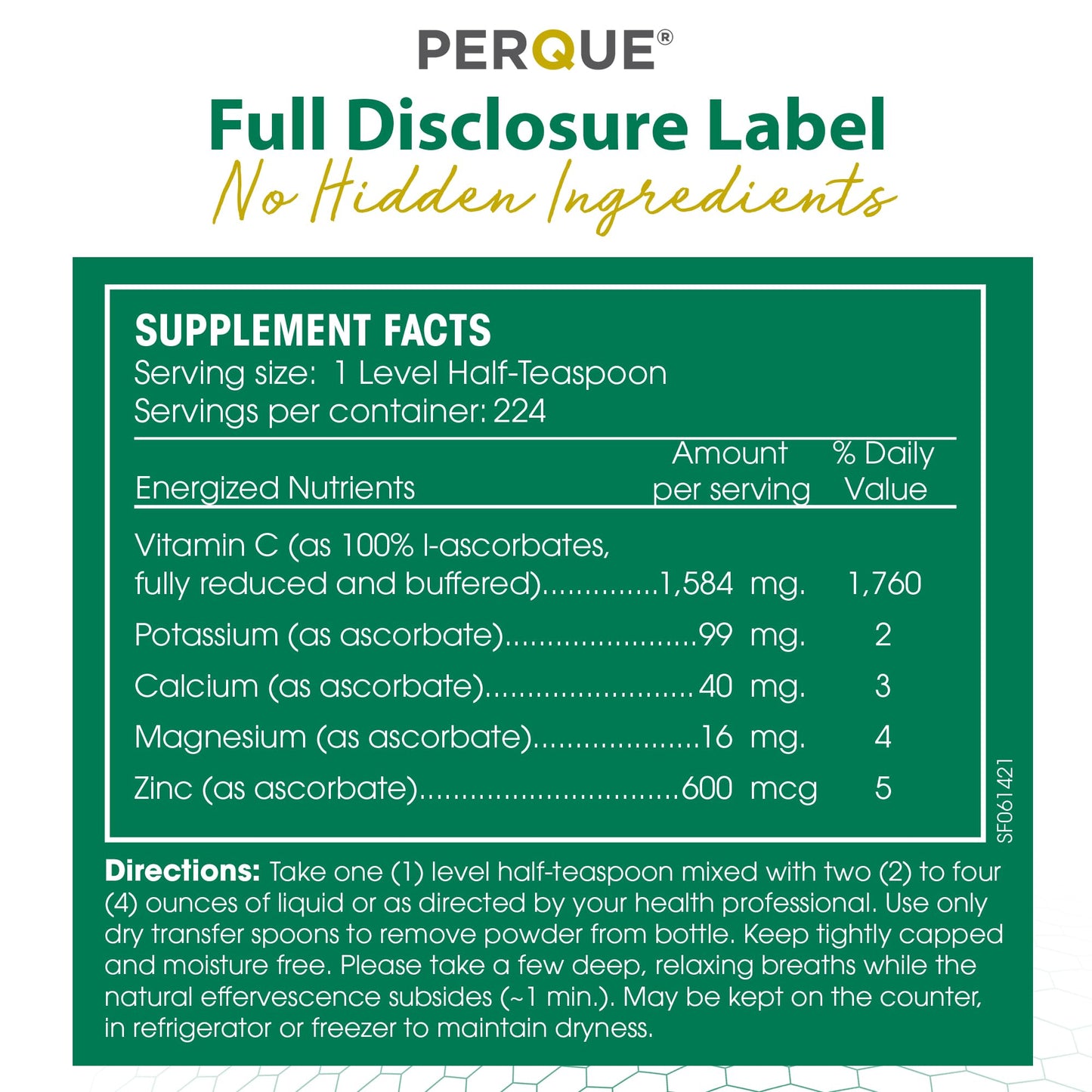 PERQUE Buffered Vitamin C Ascorbate Powder - pH Balanced, Vegetarian, Allergen-Free - 16 oz