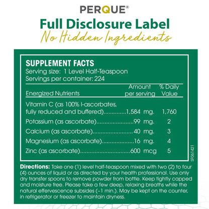 PERQUE Buffered Vitamin C Ascorbate Powder - pH Balanced, Vegetarian, Allergen-Free - 16 oz