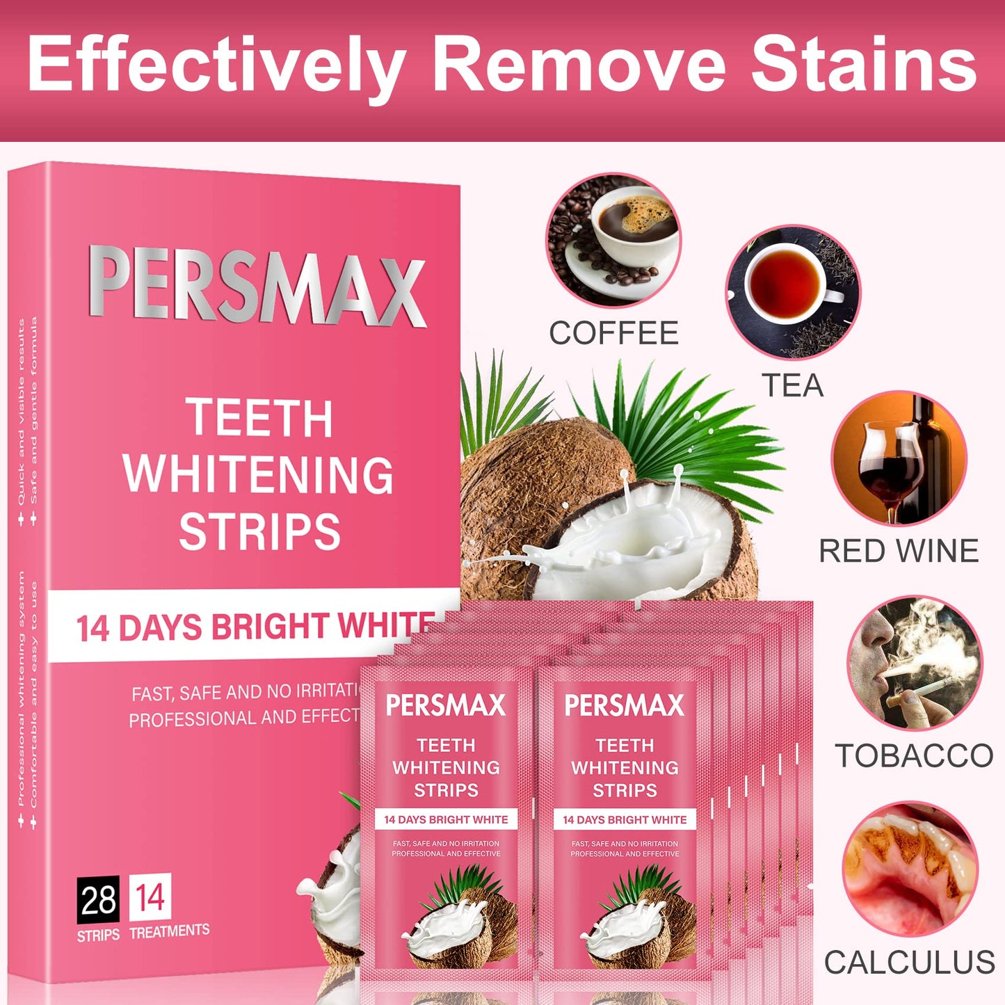 PERSMAX Teeth Whitening Strips for Sensitive Teeth – Enamel Safe, 28 Strips (14 Treatments), No-Slip Whitening Kit