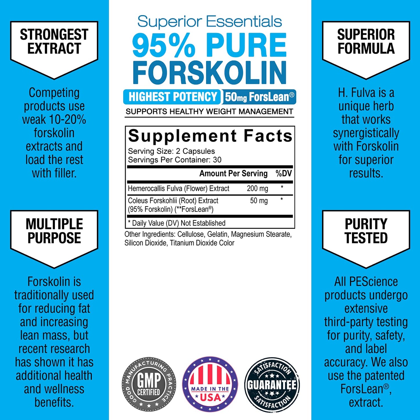 PEScience Forskolin Capsules, 95% Pure Forskolin Extract from Coleus Forskohlii, Patented ForsLean, 50mg, 60 Count