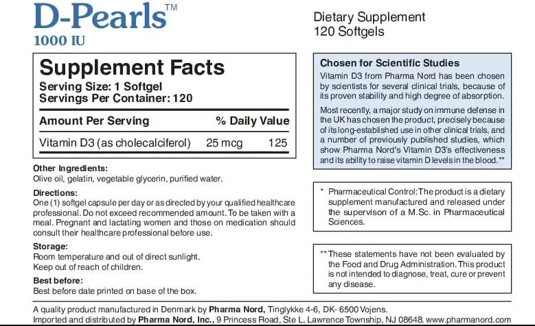 Pharma Nord D-Pearls Vitamin D3 25 mcg (1000 IU) – 120 Softgels