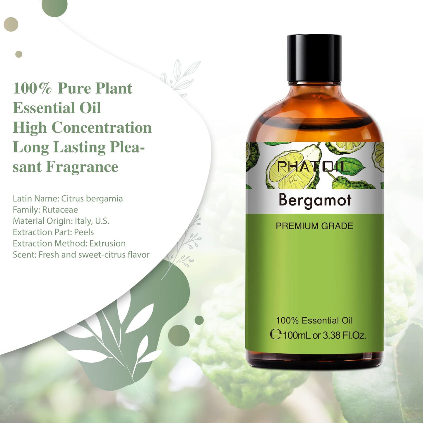PHATOIL Bergamot Essential Oil 100ml – Aromatherapy, Diffusers, DIY Candles & Soaps