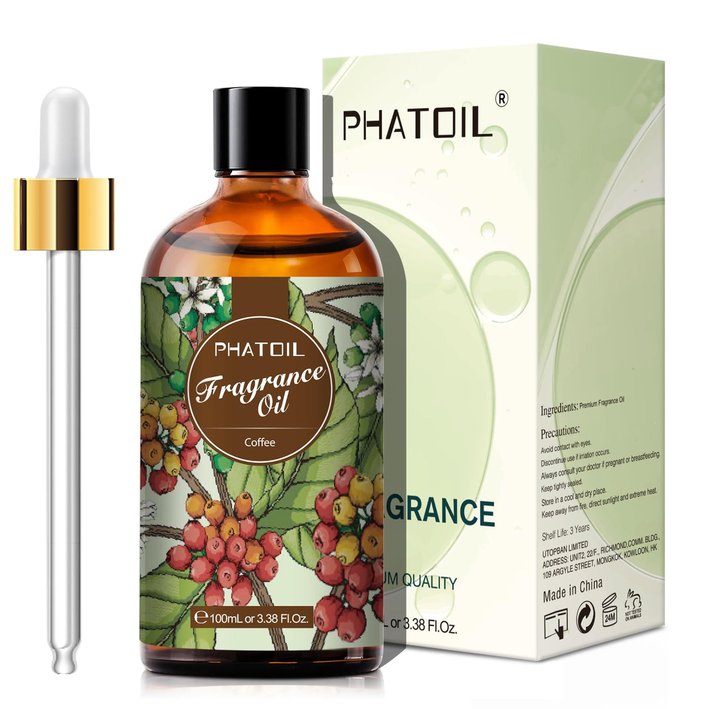 PHATOIL Coffee Fragrance Oil 100ml (3.38 fl oz) for Aromatherapy, Diffusers, DIY Candles & Soaps